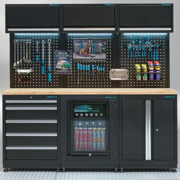Werkstatteinrichtung PREMIUM Eichenplatte mit Kühlschrank – 204 cm breit