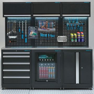 Werkstatteinrichtung PREMIUM mit Edelstahlplatte und Kühlschrank  – 204 cm breit