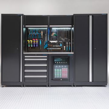 Werkstatteinrichtung PREMIUM Edelstahlplatte mit Kühlschrank – 285 cm breit
