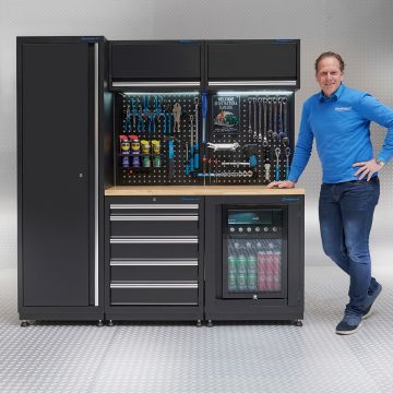 Werkstatteinrichtung PREMIUM Eichenplatte mit Kühlschrank – 200 cm breit
