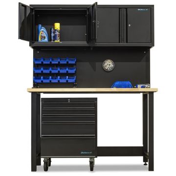 Werkbank mit Werkzeugwagen und Oberschrank